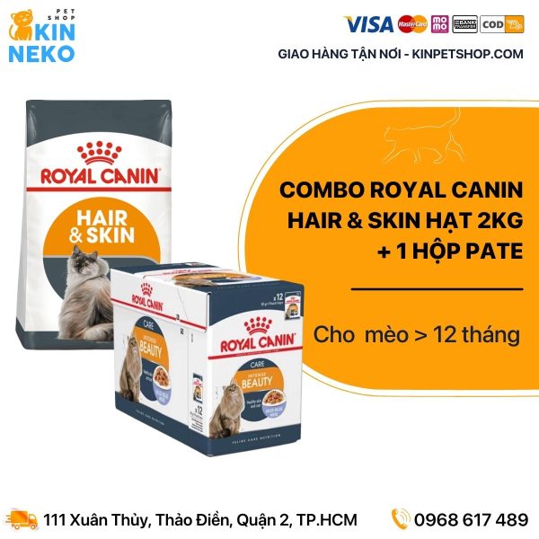Combo Thức ăn chăm sóc da và lông cho mèo Royal Canin 2kg + 1 hộp pate Royal Canin Hair & Skin